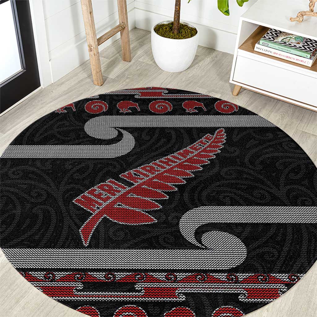 New Zealand Christmas Round Carpet Meri Kirihimete Silver Fern Knit Style Red Color - Polynesian Pride