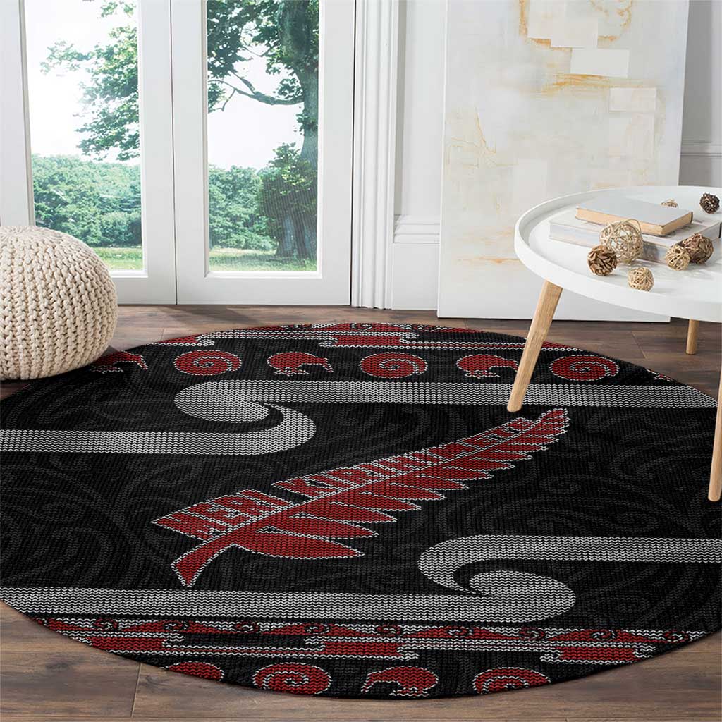 New Zealand Christmas Round Carpet Meri Kirihimete Silver Fern Knit Style Red Color - Polynesian Pride