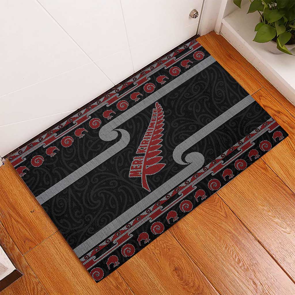 New Zealand Christmas Rubber Doormat Meri Kirihimete Silver Fern Knit Style Red Color - Polynesian Pride