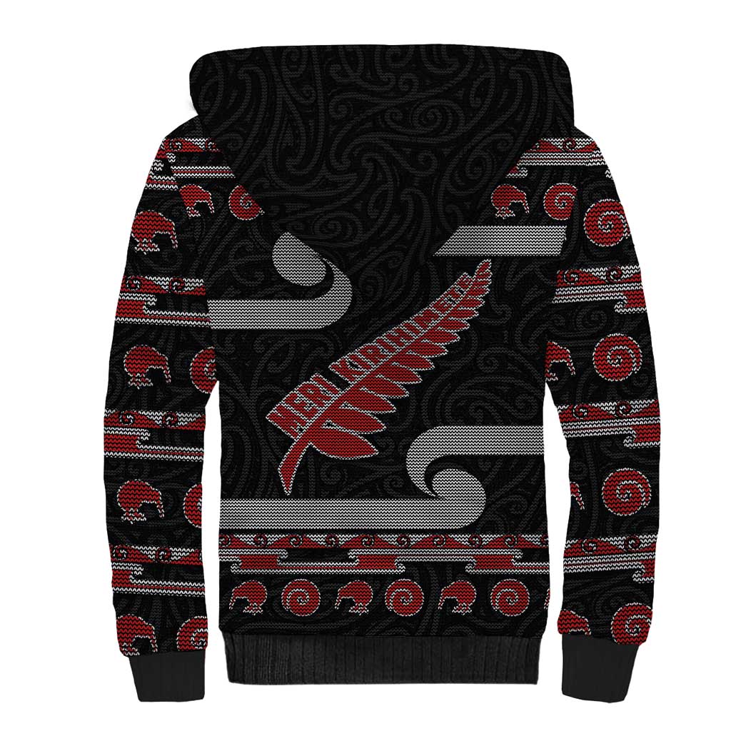 New Zealand Christmas Sherpa Hoodie Meri Kirihimete Silver Fern Knit Style Red Color - Polynesian Pride