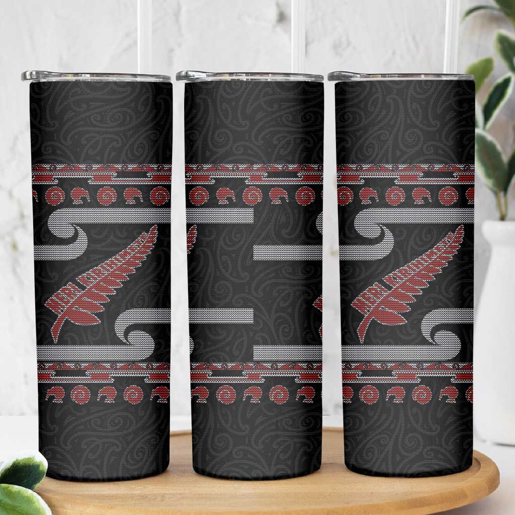 New Zealand Christmas Skinny Tumbler Meri Kirihimete Silver Fern Knit Style Red Color - Polynesian Pride