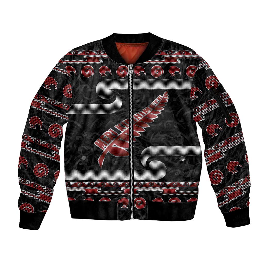 New Zealand Christmas Sleeve Zip Bomber Jacket Meri Kirihimete Silver Fern Knit Style Red Color - Polynesian Pride
