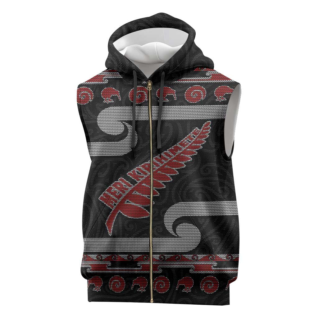 New Zealand Christmas Sleeveless Zip Hoodie Meri Kirihimete Silver Fern Knit Style Red Color - Polynesian Pride