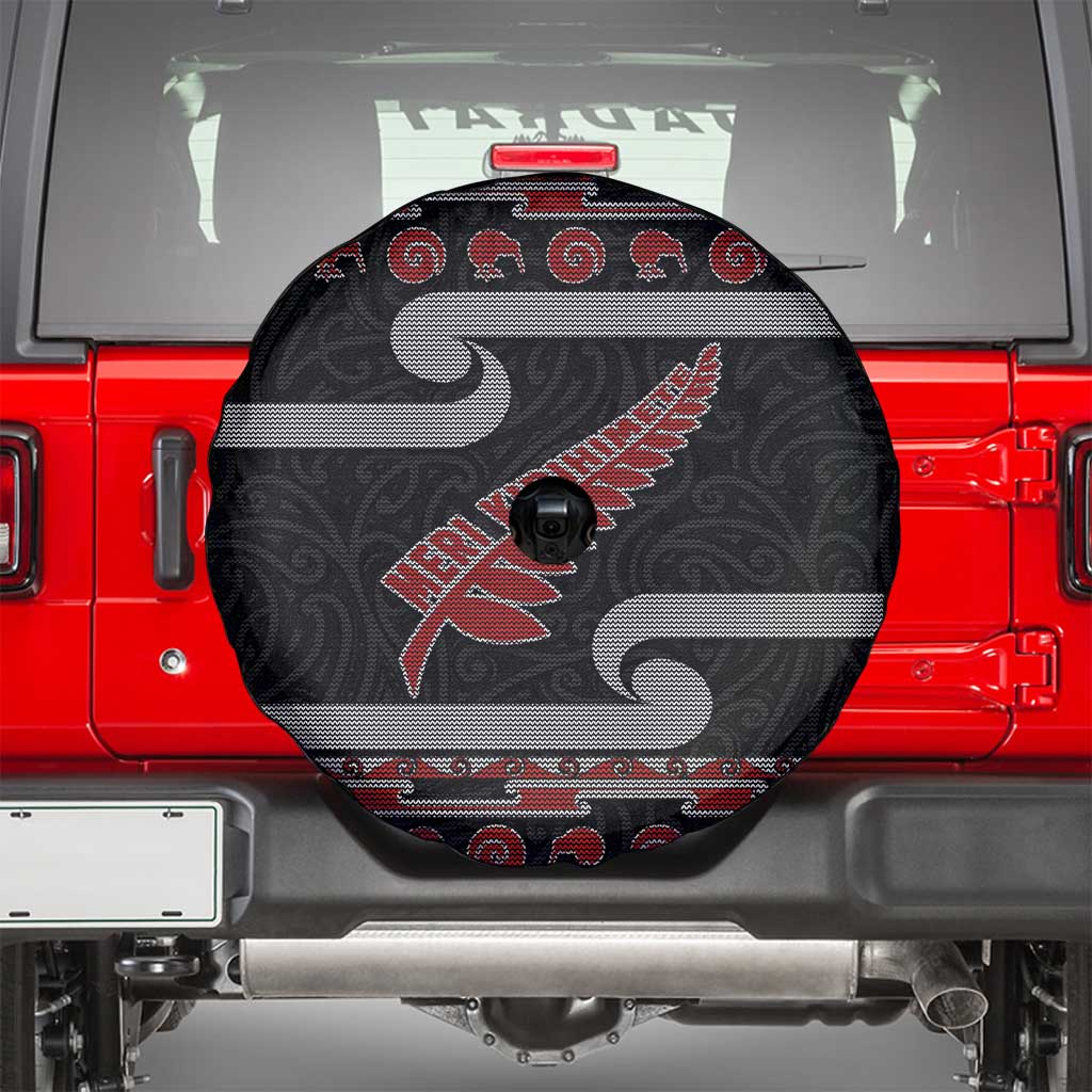 New Zealand Christmas Spare Tire Cover Meri Kirihimete Silver Fern Knit Style Red Color - Polynesian Pride