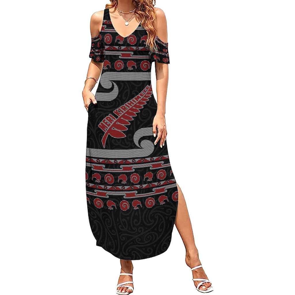 New Zealand Christmas Summer Maxi Dress Meri Kirihimete Silver Fern Knit Style Red Color - Polynesian Pride