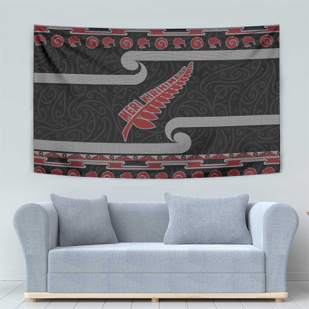 New Zealand Christmas Tapestry Meri Kirihimete Silver Fern Knit Style Red Color - Polynesian Pride