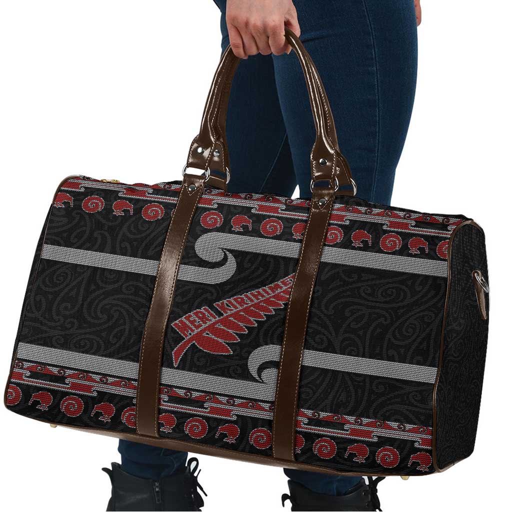 New Zealand Christmas Travel Bag Meri Kirihimete Silver Fern Knit Style Red Color - Polynesian Pride