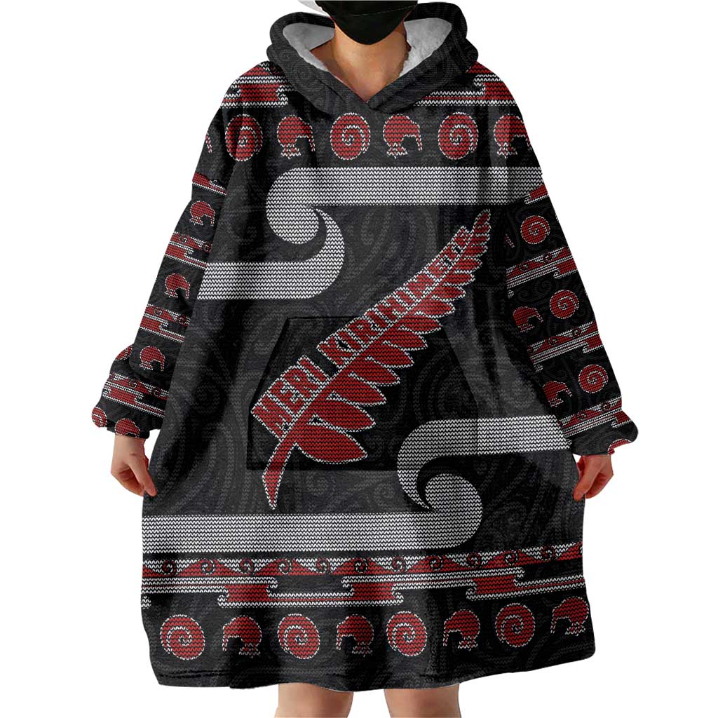 New Zealand Christmas Wearable Blanket Hoodie Meri Kirihimete Silver Fern Knit Style Red Color - Polynesian Pride