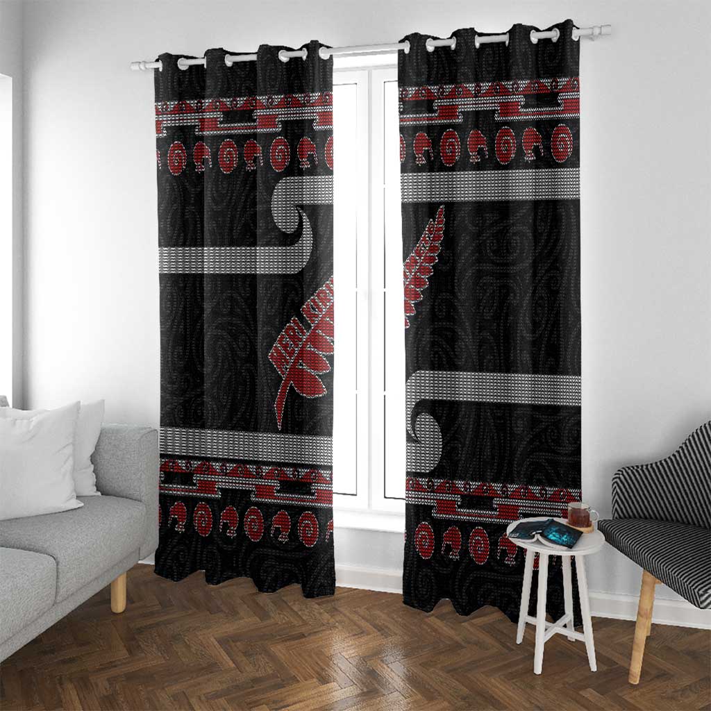 New Zealand Christmas Window Curtain Meri Kirihimete Silver Fern Knit Style Red Color - Polynesian Pride