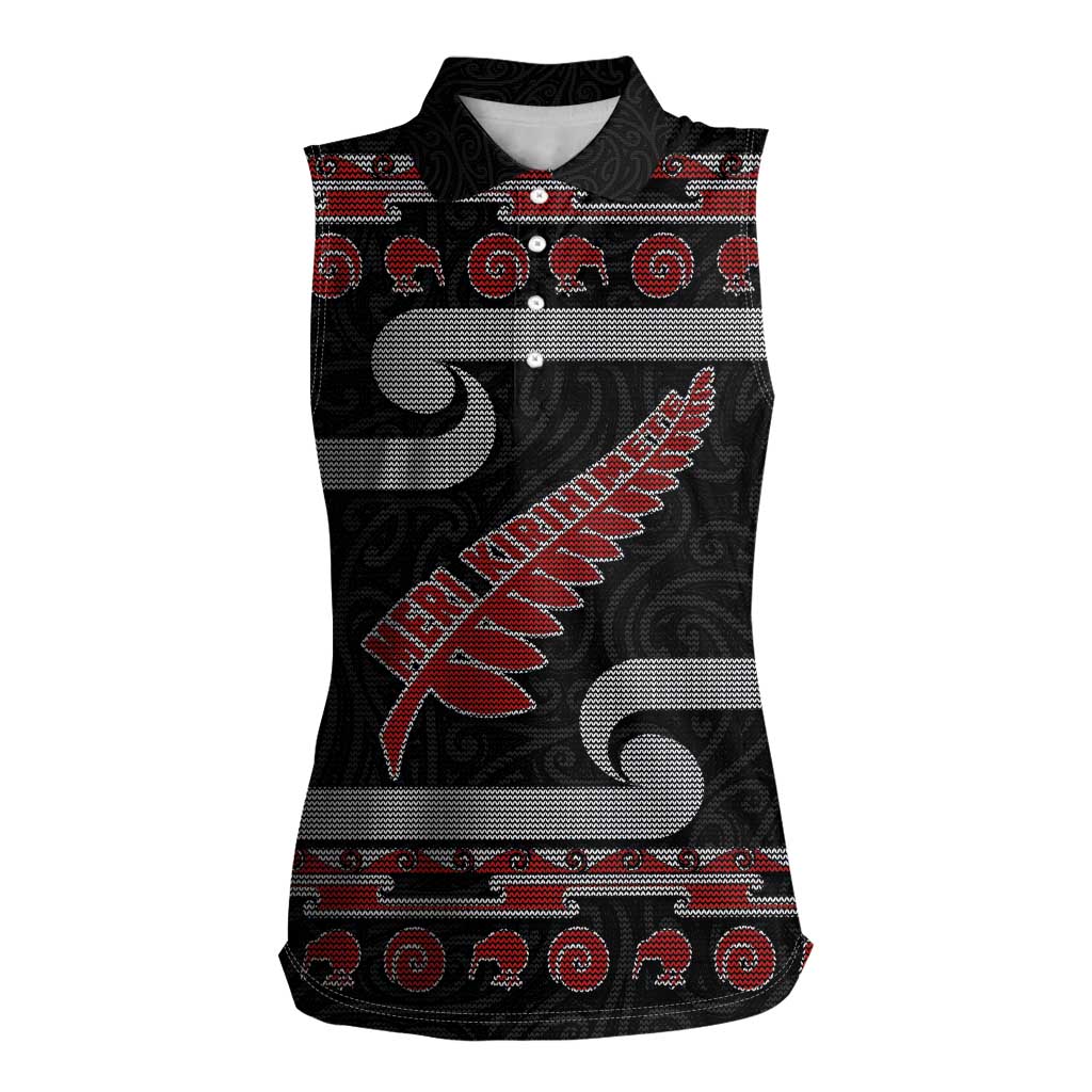 New Zealand Christmas Women Sleeveless Polo Shirt Meri Kirihimete Silver Fern Knit Style Red Color - Polynesian Pride