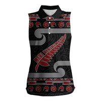 New Zealand Christmas Women Sleeveless Polo Shirt Meri Kirihimete Silver Fern Knit Style Red Color - Polynesian Pride