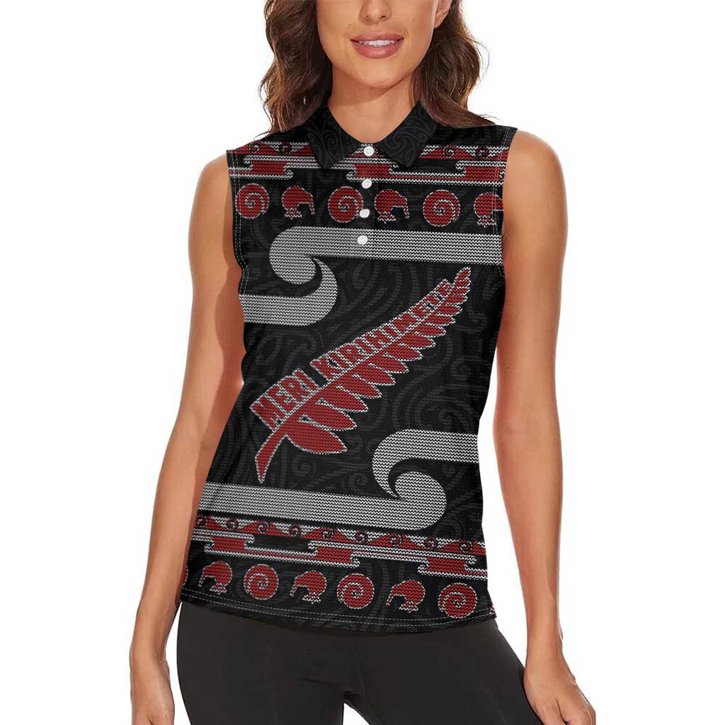 New Zealand Christmas Women Sleeveless Polo Shirt Meri Kirihimete Silver Fern Knit Style Red Color - Polynesian Pride