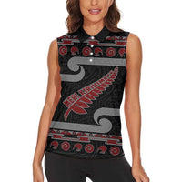 New Zealand Christmas Women Sleeveless Polo Shirt Meri Kirihimete Silver Fern Knit Style Red Color - Polynesian Pride