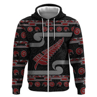 New Zealand Christmas Zip Hoodie Meri Kirihimete Silver Fern Knit Style Red Color - Polynesian Pride