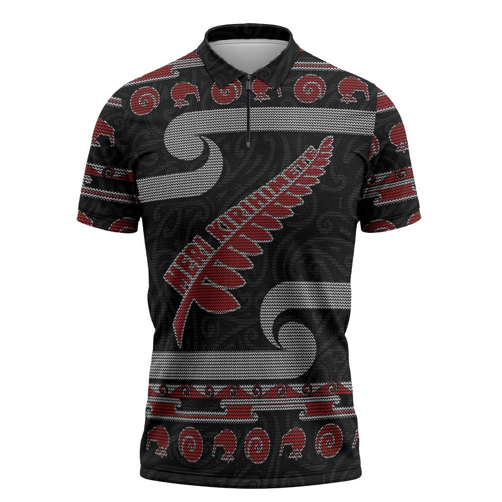 New Zealand Christmas Zipper Polo Shirt Meri Kirihimete Silver Fern Knit Style Red Color - Polynesian Pride