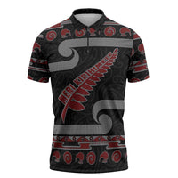 New Zealand Christmas Zipper Polo Shirt Meri Kirihimete Silver Fern Knit Style Red Color - Polynesian Pride