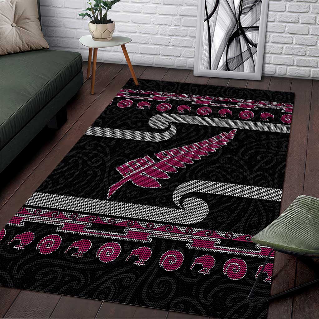 New Zealand Christmas Area Rug Meri Kirihimete Silver Fern Knit Style Pink Color - Polynesian Pride