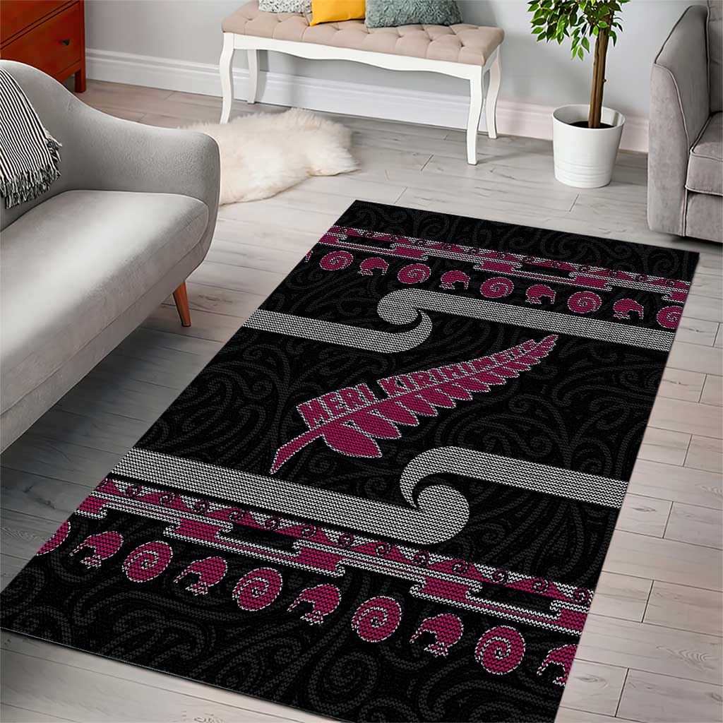 New Zealand Christmas Area Rug Meri Kirihimete Silver Fern Knit Style Pink Color - Polynesian Pride