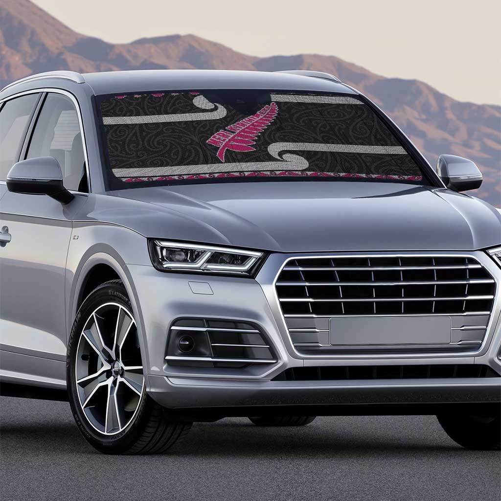 New Zealand Christmas Auto Sun Shade Meri Kirihimete Silver Fern Knit Style Pink Color - Polynesian Pride