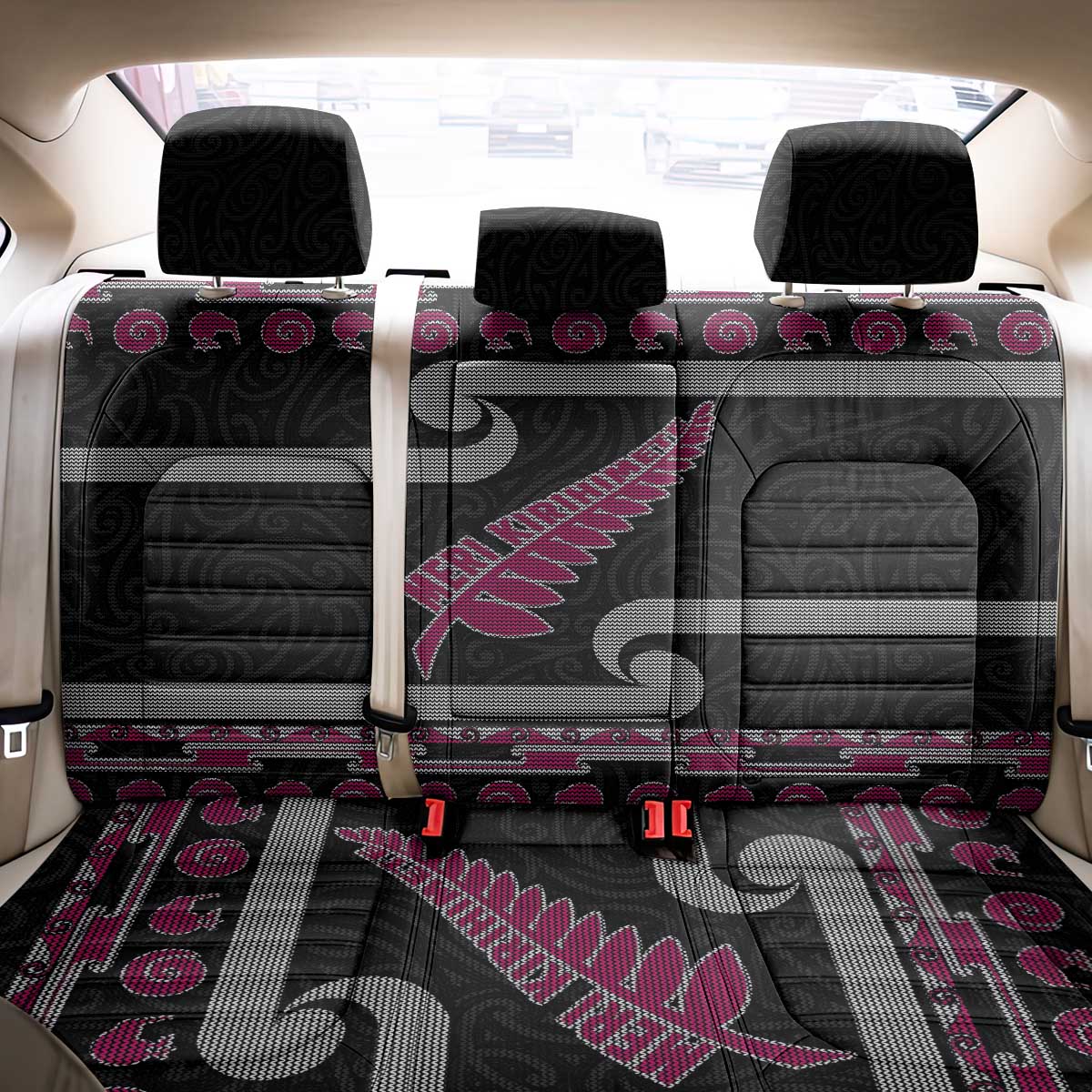 New Zealand Christmas Back Car Seat Cover Meri Kirihimete Silver Fern Knit Style Pink Color - Polynesian Pride