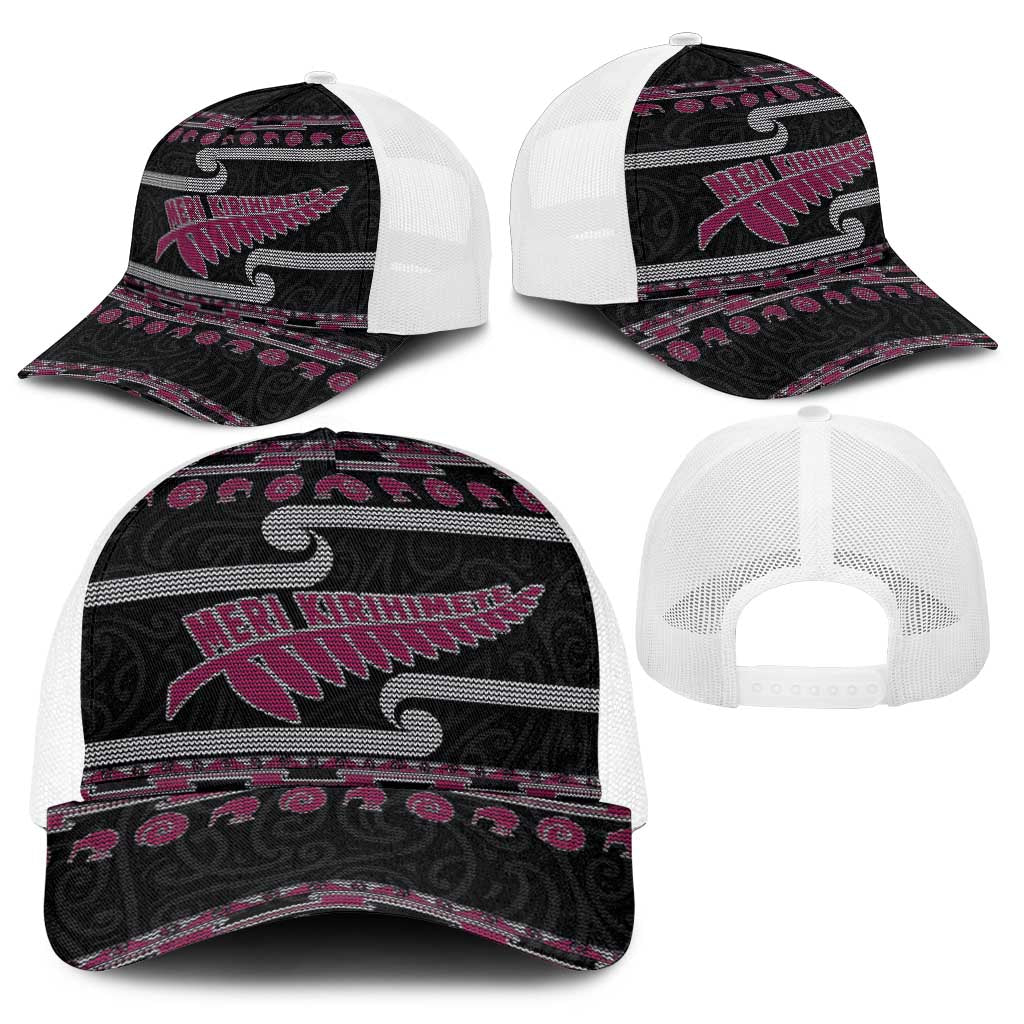 New Zealand Christmas Baseball Net Cap Meri Kirihimete Silver Fern Knit Style Pink Color - Polynesian Pride