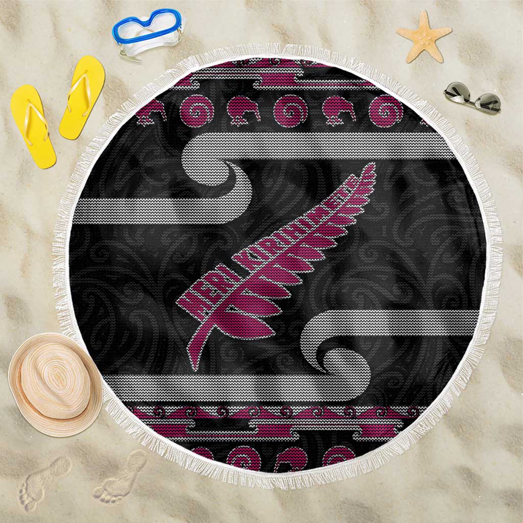 New Zealand Christmas Beach Blanket Meri Kirihimete Silver Fern Knit Style Pink Color - Polynesian Pride