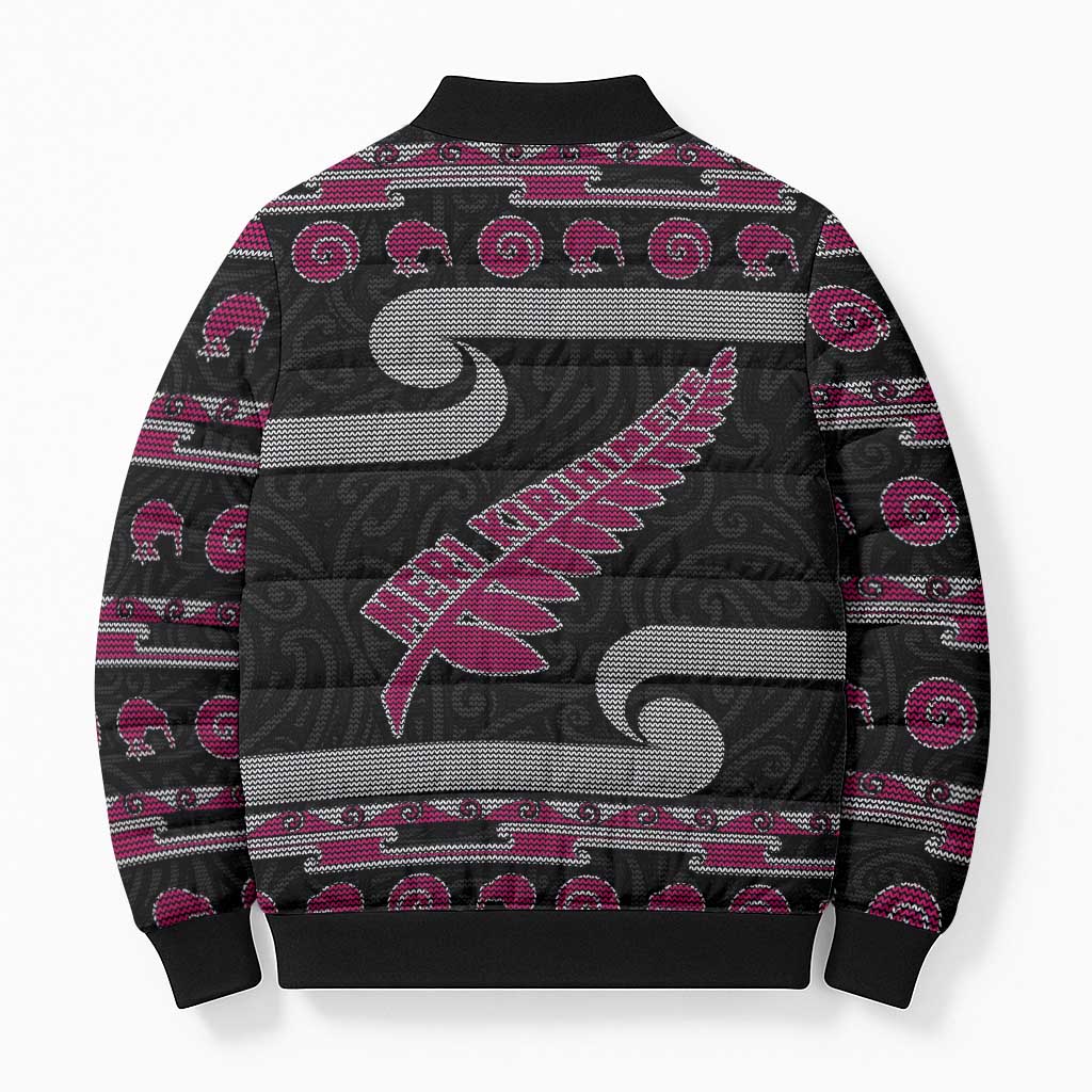 New Zealand Christmas Bomber Puffer Jacket Meri Kirihimete Silver Fern Knit Style Pink Color - Polynesian Pride
