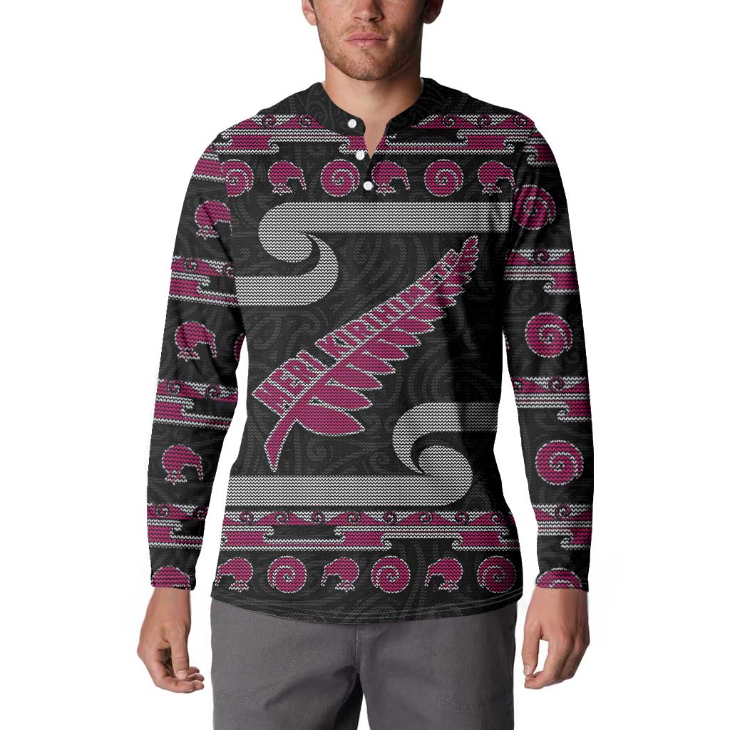 New Zealand Christmas Button Sweatshirt Meri Kirihimete Silver Fern Knit Style Pink Color - Polynesian Pride