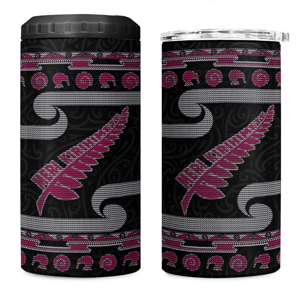 New Zealand Christmas 4 in 1 Can Cooler Tumbler Meri Kirihimete Silver Fern Knit Style Pink Color - Polynesian Pride