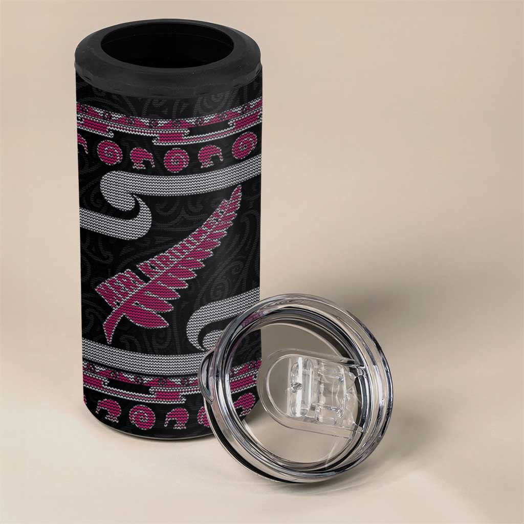 New Zealand Christmas 4 in 1 Can Cooler Tumbler Meri Kirihimete Silver Fern Knit Style Pink Color - Polynesian Pride