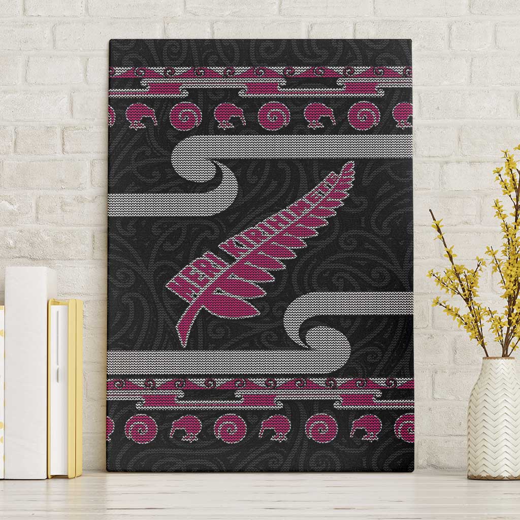 New Zealand Christmas Canvas Wall Art Meri Kirihimete Silver Fern Knit Style Pink Color - Polynesian Pride