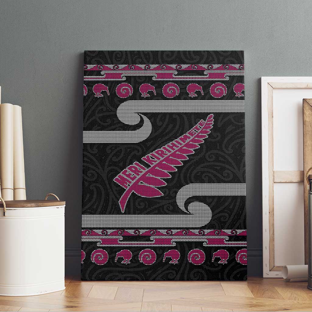 New Zealand Christmas Canvas Wall Art Meri Kirihimete Silver Fern Knit Style Pink Color - Polynesian Pride
