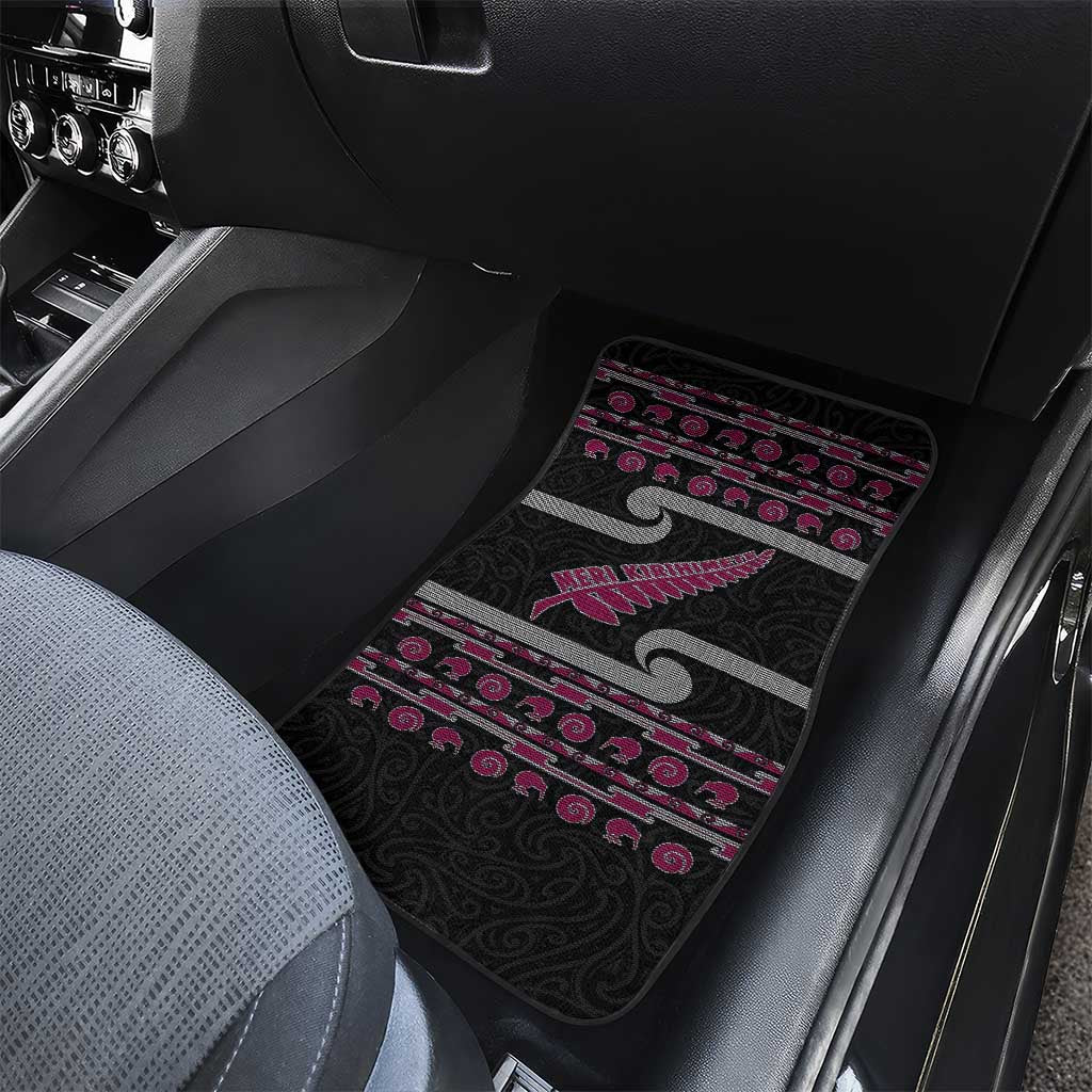 New Zealand Christmas Car Mats Meri Kirihimete Silver Fern Knit Style Pink Color - Polynesian Pride