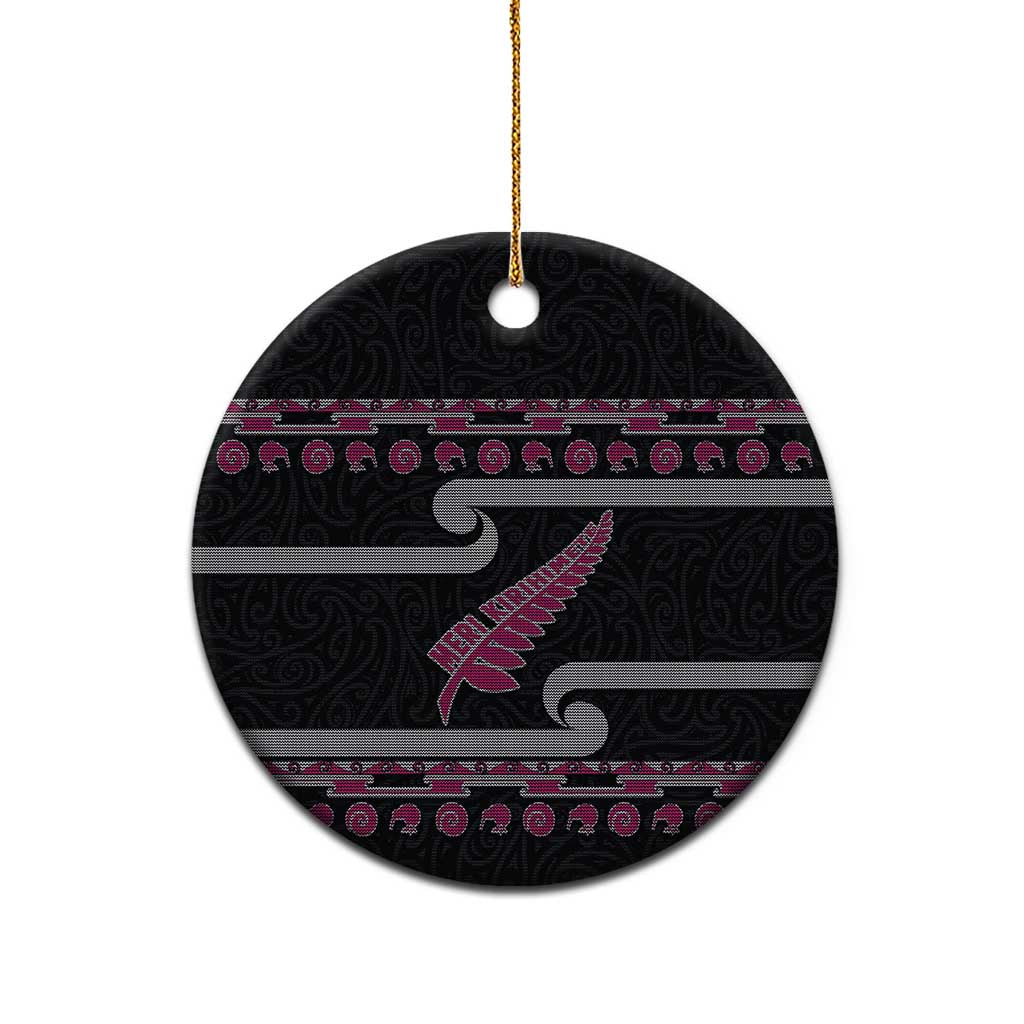 New Zealand Christmas Ceramic Ornament Meri Kirihimete Silver Fern Knit Style Pink Color - Polynesian Pride