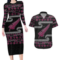 New Zealand Christmas Couples Matching Long Sleeve Bodycon Dress and Hawaiian Shirt Meri Kirihimete Silver Fern Knit Style Pink Color - Polynesian Pride