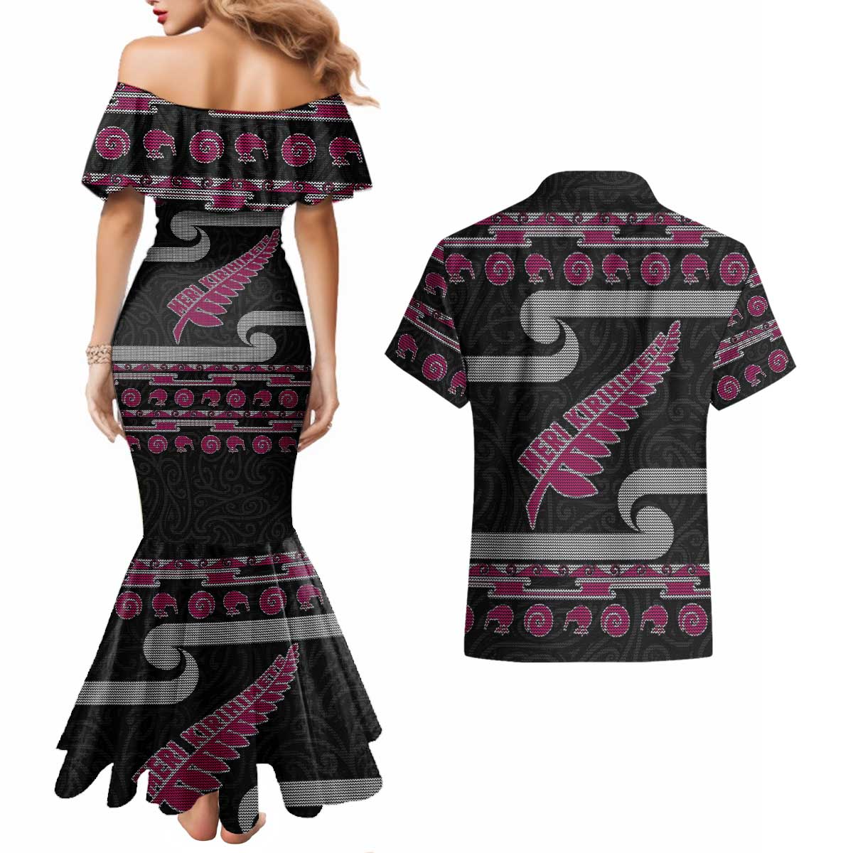 New Zealand Christmas Couples Matching Mermaid Dress and Hawaiian Shirt Meri Kirihimete Silver Fern Knit Style Pink Color - Polynesian Pride