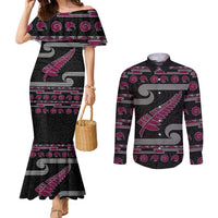 New Zealand Christmas Couples Matching Mermaid Dress and Long Sleeve Button Shirt Meri Kirihimete Silver Fern Knit Style Pink Color - Polynesian Pride