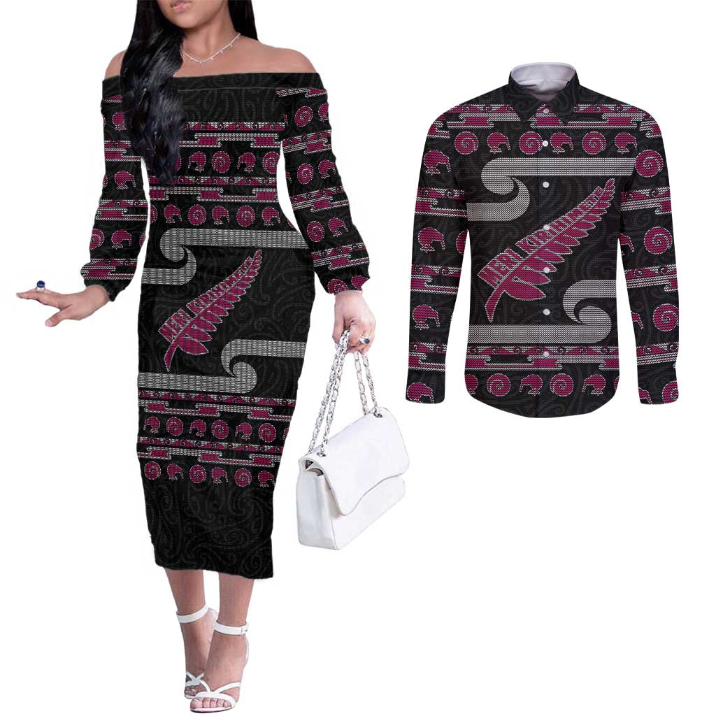 New Zealand Christmas Couples Matching Off The Shoulder Long Sleeve Dress and Long Sleeve Button Shirt Meri Kirihimete Silver Fern Knit Style Pink Color - Polynesian Pride