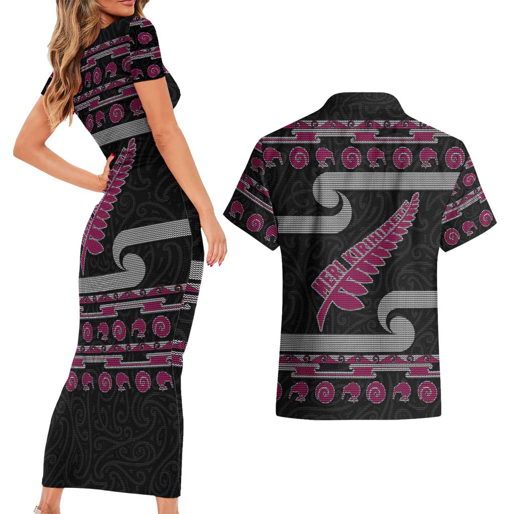 New Zealand Christmas Couples Matching Short Sleeve Bodycon Dress and Hawaiian Shirt Meri Kirihimete Silver Fern Knit Style Pink Color - Polynesian Pride