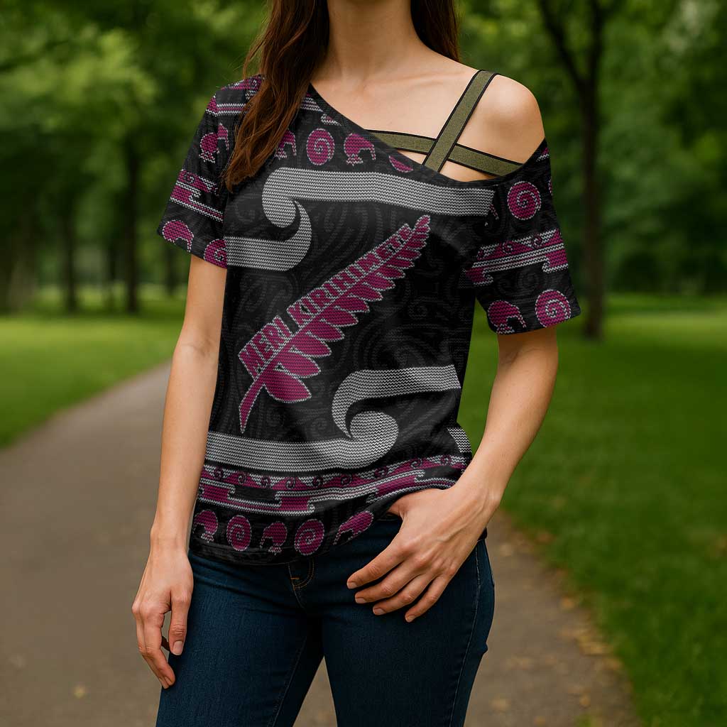 New Zealand Christmas Cross Shoulder Shirt Meri Kirihimete Silver Fern Knit Style Pink Color - Polynesian Pride