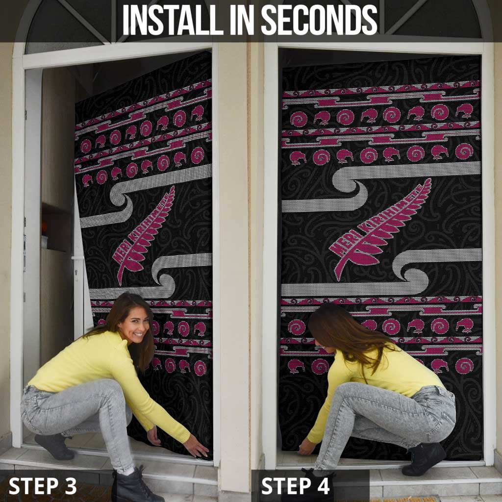 New Zealand Christmas Door Cover Meri Kirihimete Silver Fern Knit Style Pink Color - Polynesian Pride