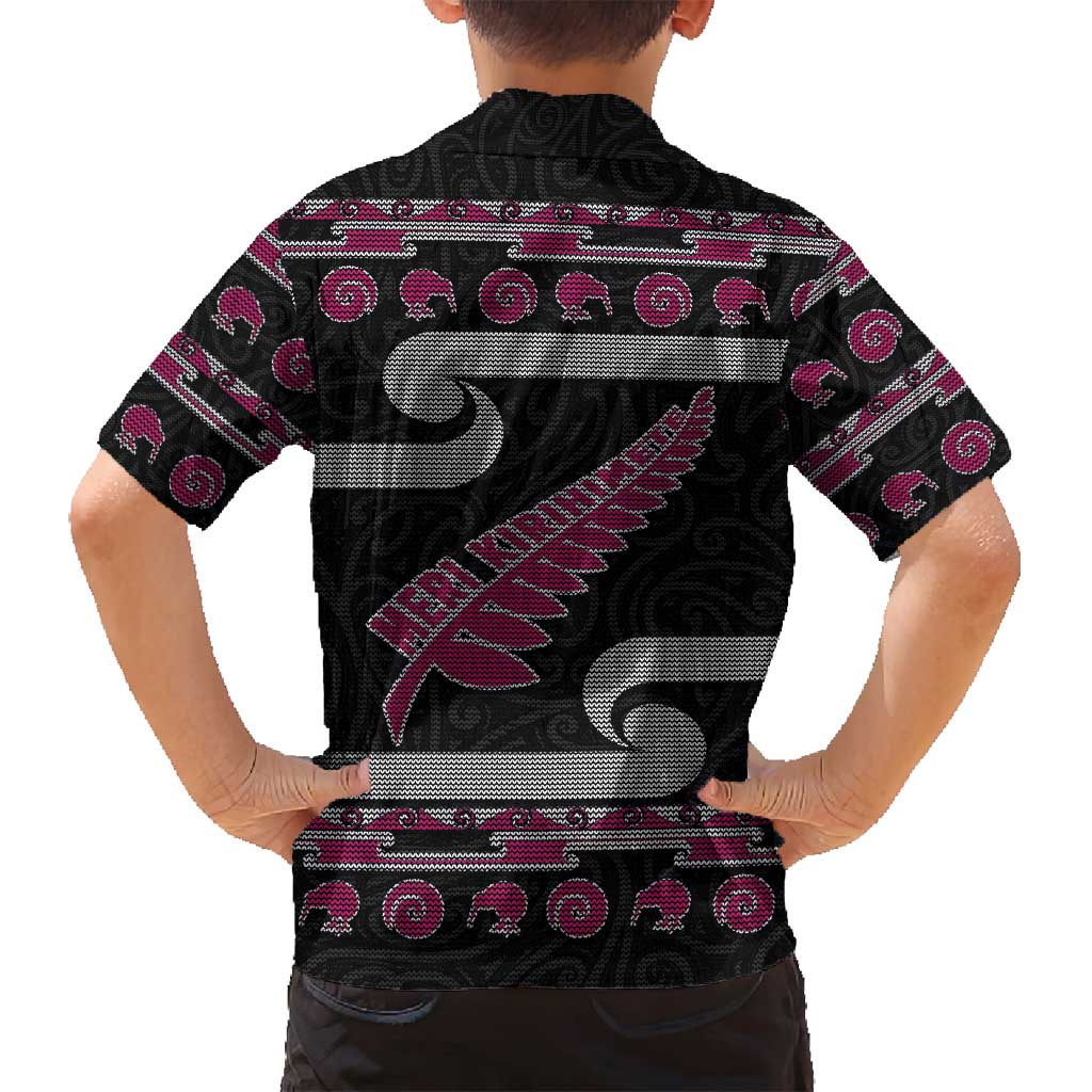 New Zealand Christmas Family Matching Long Sleeve Bodycon Dress and Hawaiian Shirt Meri Kirihimete Silver Fern Knit Style Pink Color - Polynesian Pride