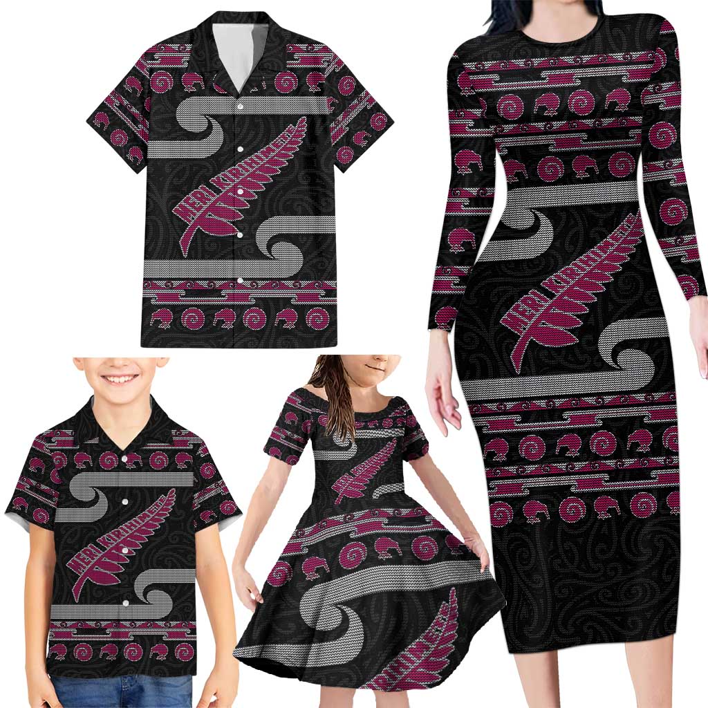 New Zealand Christmas Family Matching Long Sleeve Bodycon Dress and Hawaiian Shirt Meri Kirihimete Silver Fern Knit Style Pink Color - Polynesian Pride