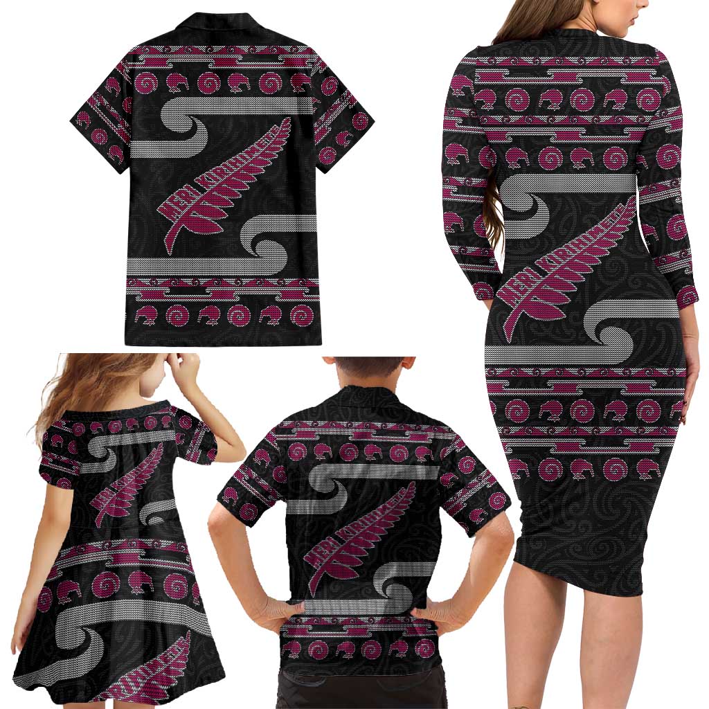 New Zealand Christmas Family Matching Long Sleeve Bodycon Dress and Hawaiian Shirt Meri Kirihimete Silver Fern Knit Style Pink Color - Polynesian Pride