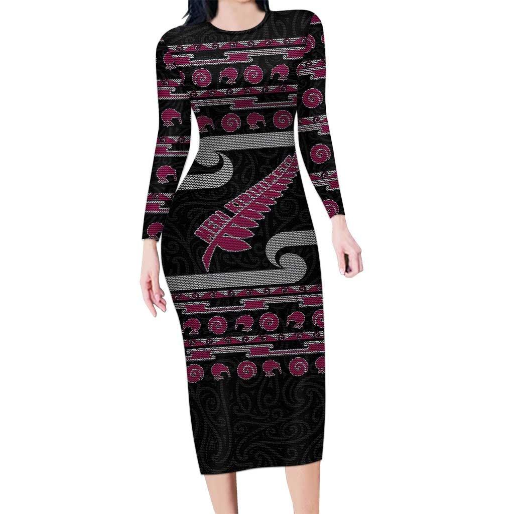 New Zealand Christmas Family Matching Long Sleeve Bodycon Dress and Hawaiian Shirt Meri Kirihimete Silver Fern Knit Style Pink Color - Polynesian Pride