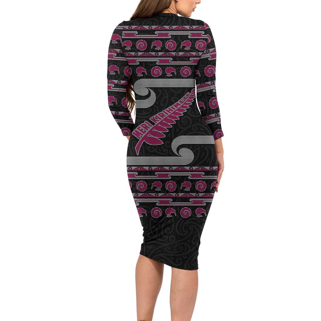 New Zealand Christmas Family Matching Long Sleeve Bodycon Dress and Hawaiian Shirt Meri Kirihimete Silver Fern Knit Style Pink Color - Polynesian Pride
