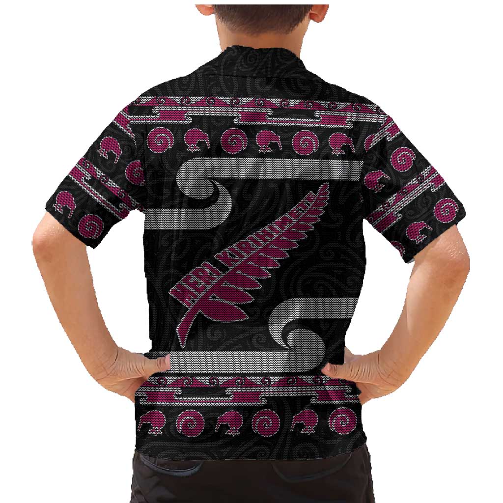 New Zealand Christmas Family Matching Mermaid Dress and Hawaiian Shirt Meri Kirihimete Silver Fern Knit Style Pink Color - Polynesian Pride