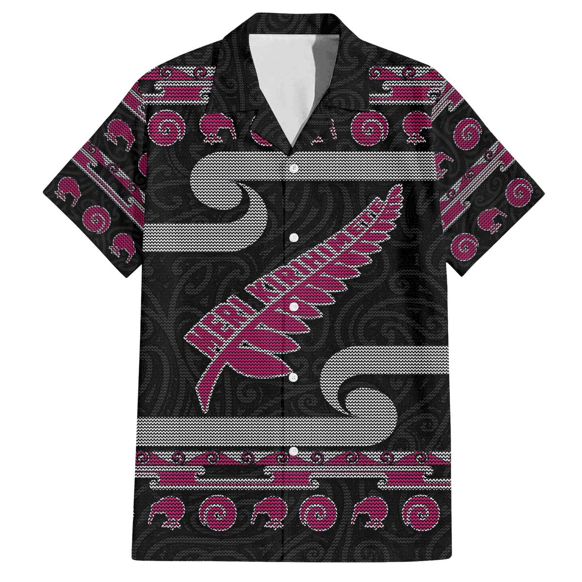New Zealand Christmas Family Matching Off The Shoulder Long Sleeve Dress and Hawaiian Shirt Meri Kirihimete Silver Fern Knit Style Pink Color - Polynesian Pride