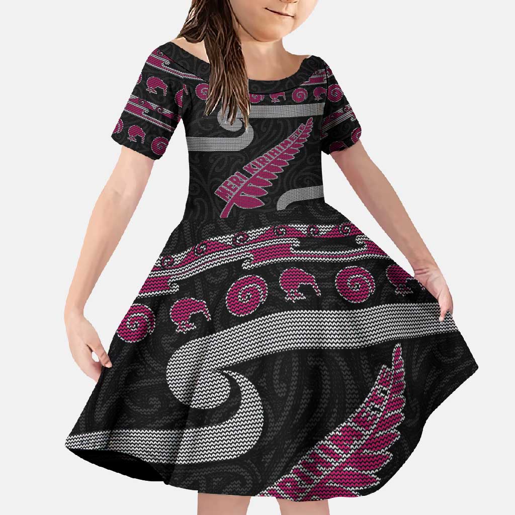 New Zealand Christmas Family Matching Off Shoulder Maxi Dress and Hawaiian Shirt Meri Kirihimete Silver Fern Knit Style Pink Color - Polynesian Pride