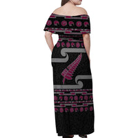 New Zealand Christmas Family Matching Off Shoulder Maxi Dress and Hawaiian Shirt Meri Kirihimete Silver Fern Knit Style Pink Color - Polynesian Pride